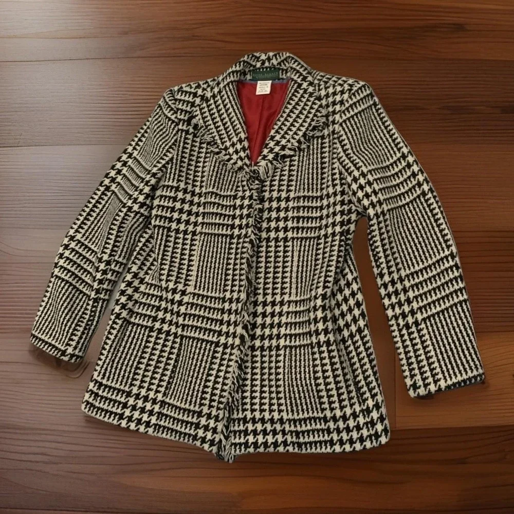 VTG Harve Benard Black White Houndstooth Coat Fringe Front Wool Holiday Money 14 - Picture 4 of 13